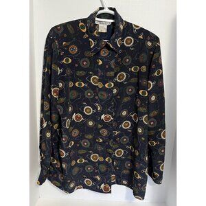 Vintage Shirt Blouse Women’s 10 Blue Clocks Design Retro Essentials